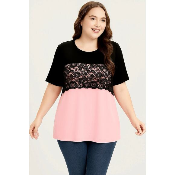 2X 18 20 Plus Size BloomChic Lace Panel Short Sleeve Top T-shirt stretchy - Picture 1 of 5